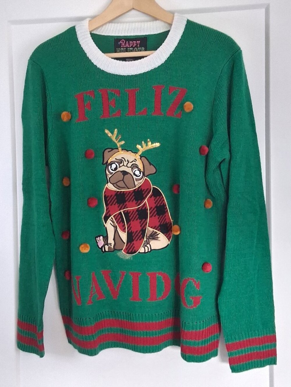Feliz Navidog Ugly Christmas Sweater Women's XL Pug Dog Reindeer Holiday Green